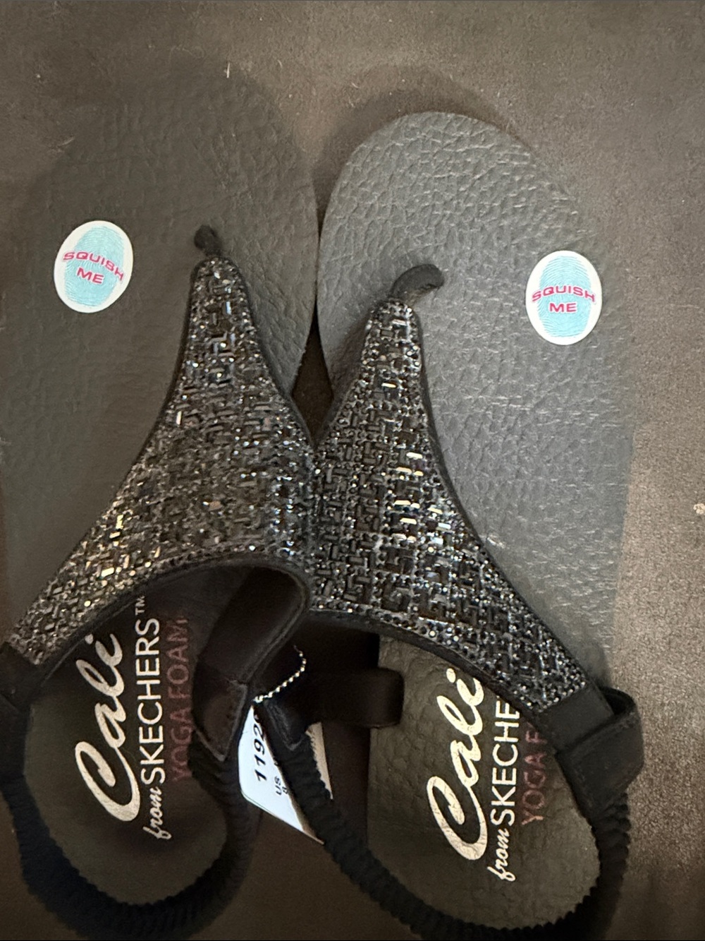 Skechers Black Glitter T-Strap Sandals